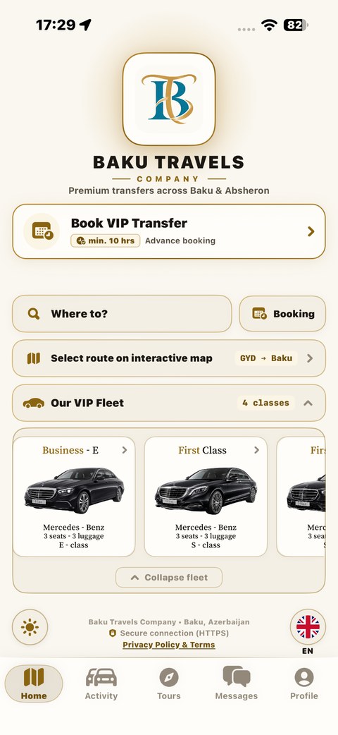 Baku Travels app — home and vehicle fleet (English)
